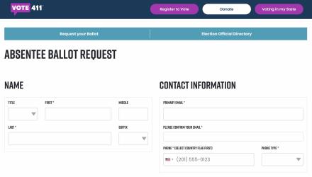VOTE411 website with embedded U.S. Vote Foundation Absentee Ballot Request tool