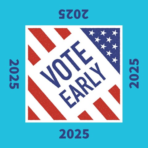 square badge with US red white blue imagery and words vote early 2025