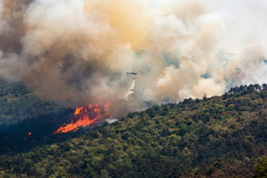 natural disaster image fire on lush hillside with helicopter above