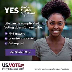 Smiling young African American woman with grey shirt and natural hair alongside YES logo